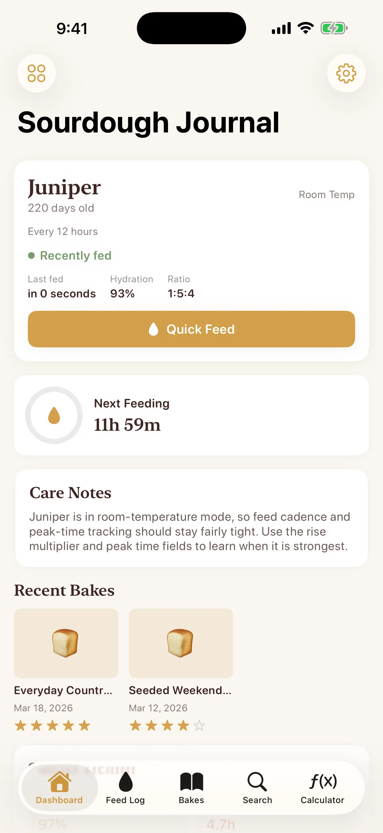 Sourdough Journal — starter dashboard