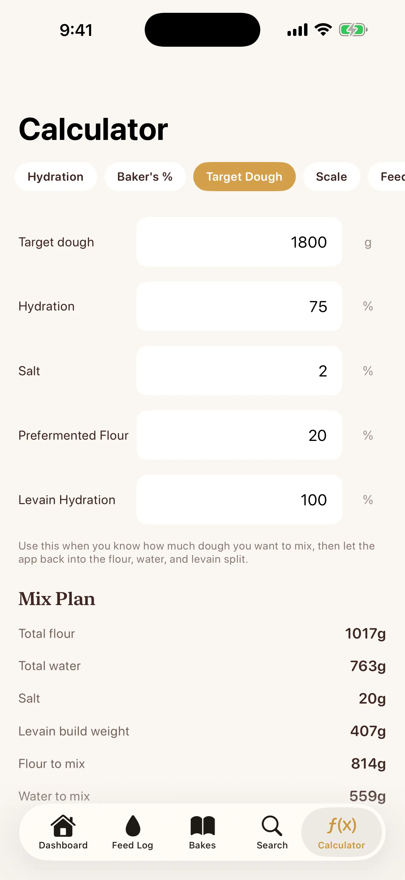 Sourdough Journal screenshot — calculator