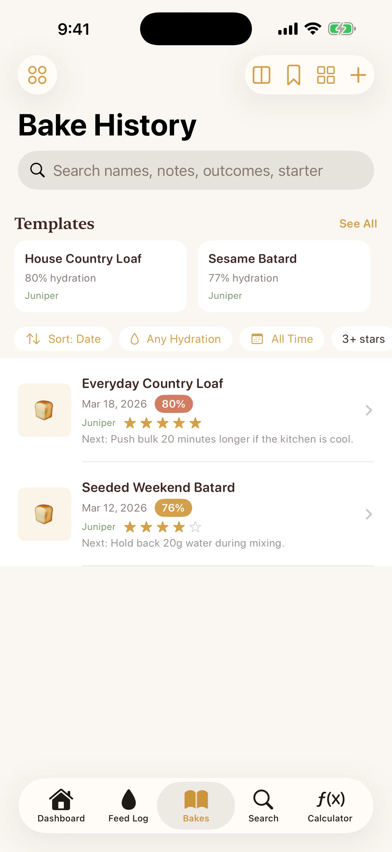 Sourdough Journal screenshot — bake history
