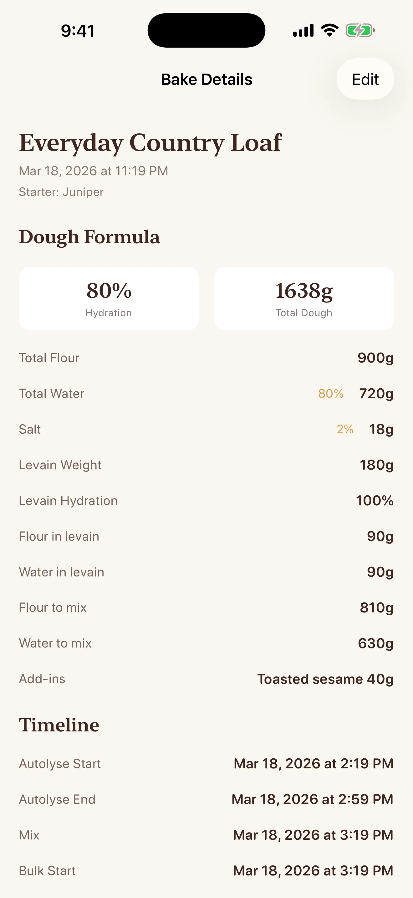 Sourdough Journal screenshot — bake detail