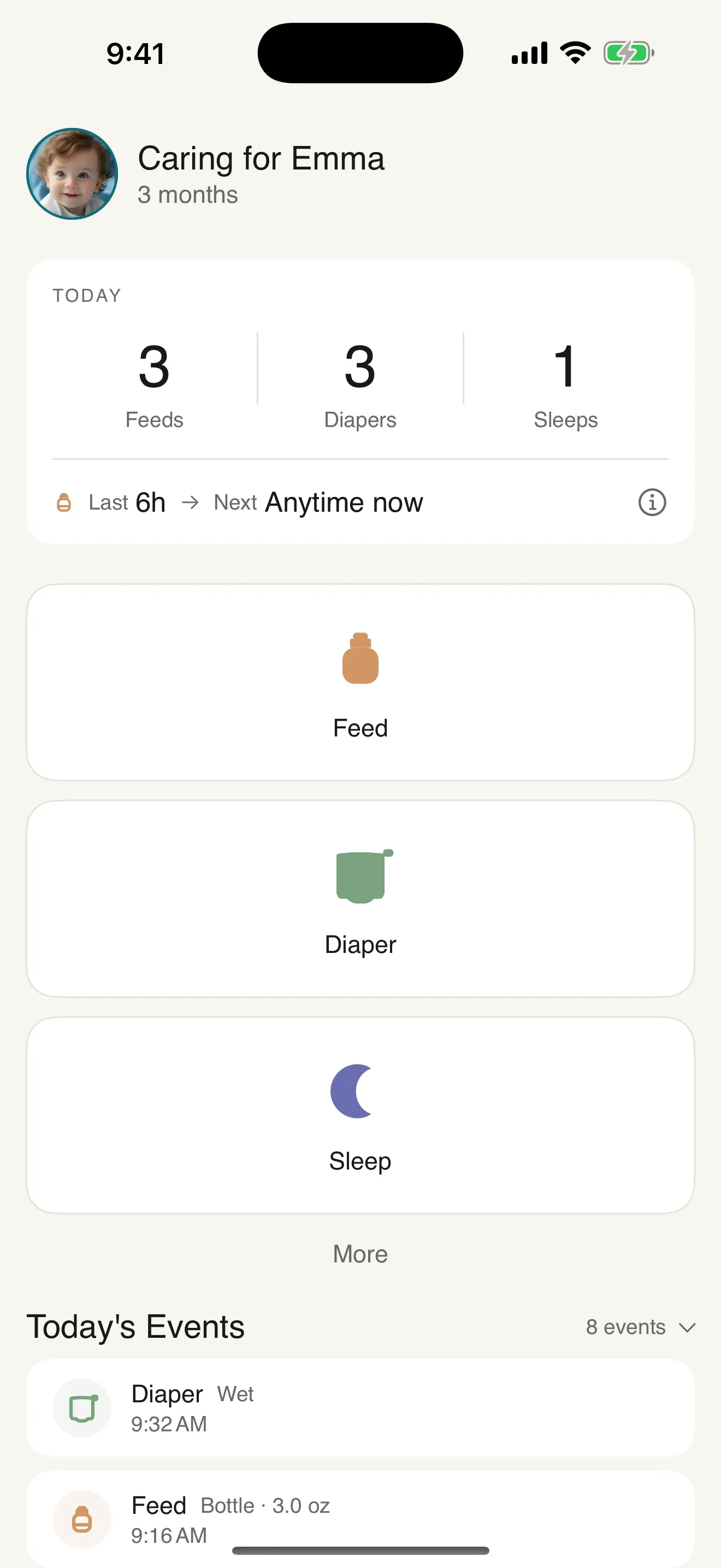 Tiny Baby — one-tap logging for feeds, diapers, and sleep