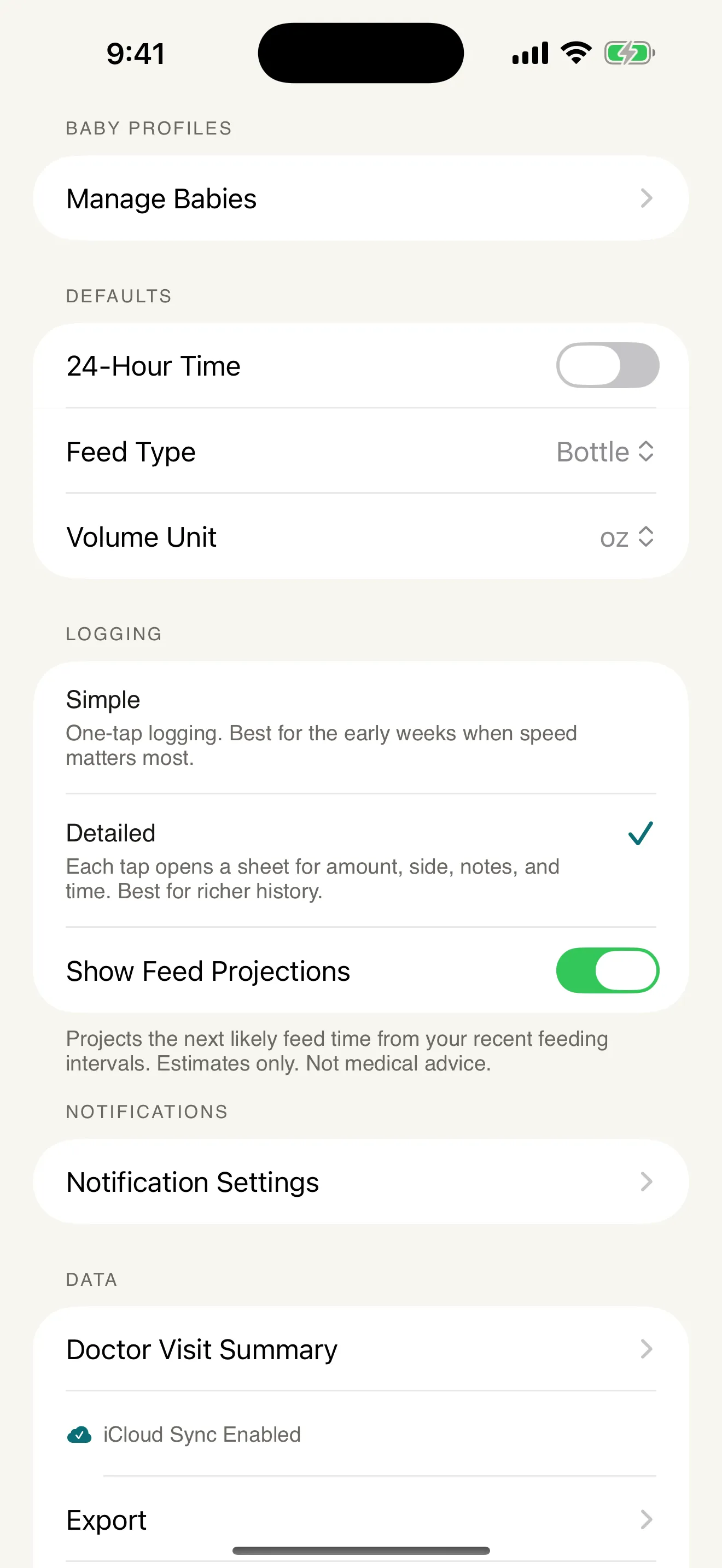Tiny Baby screenshot — settings