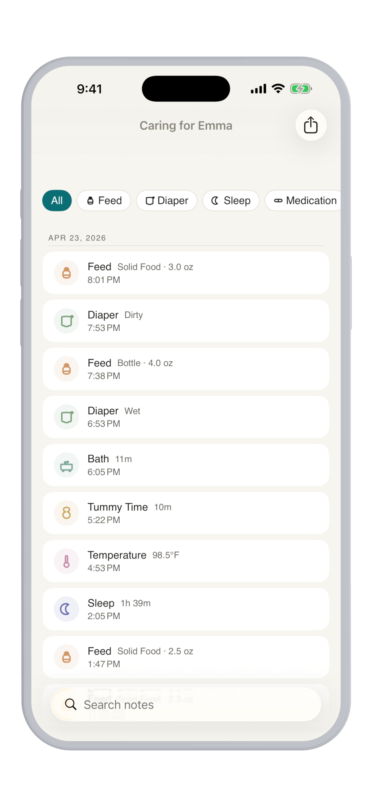 Tiny Baby event history with filters and search